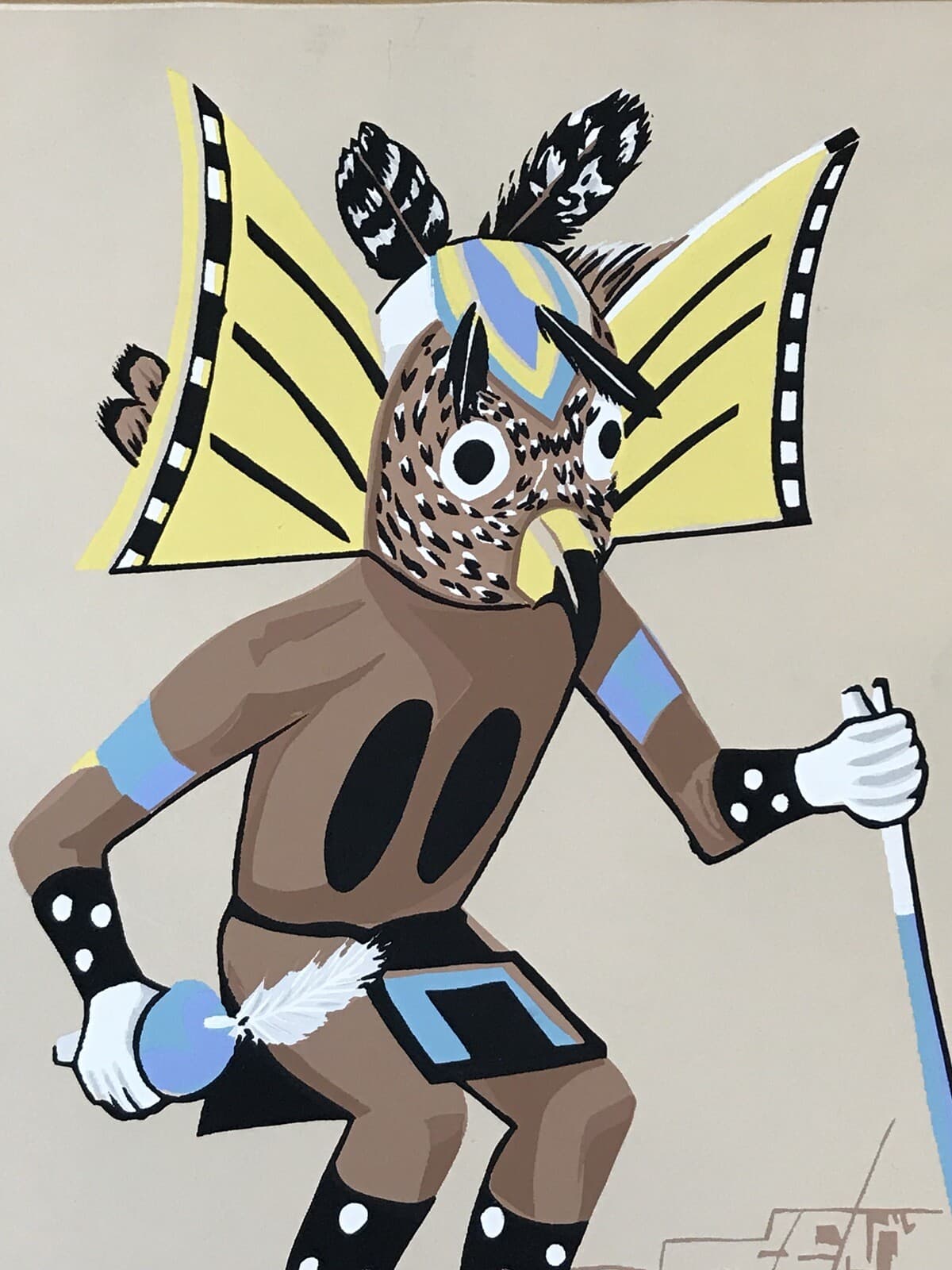 Vintage SILKSCREEN American Indian Hopi Kachina Mongwa Great Horned Owl by CS