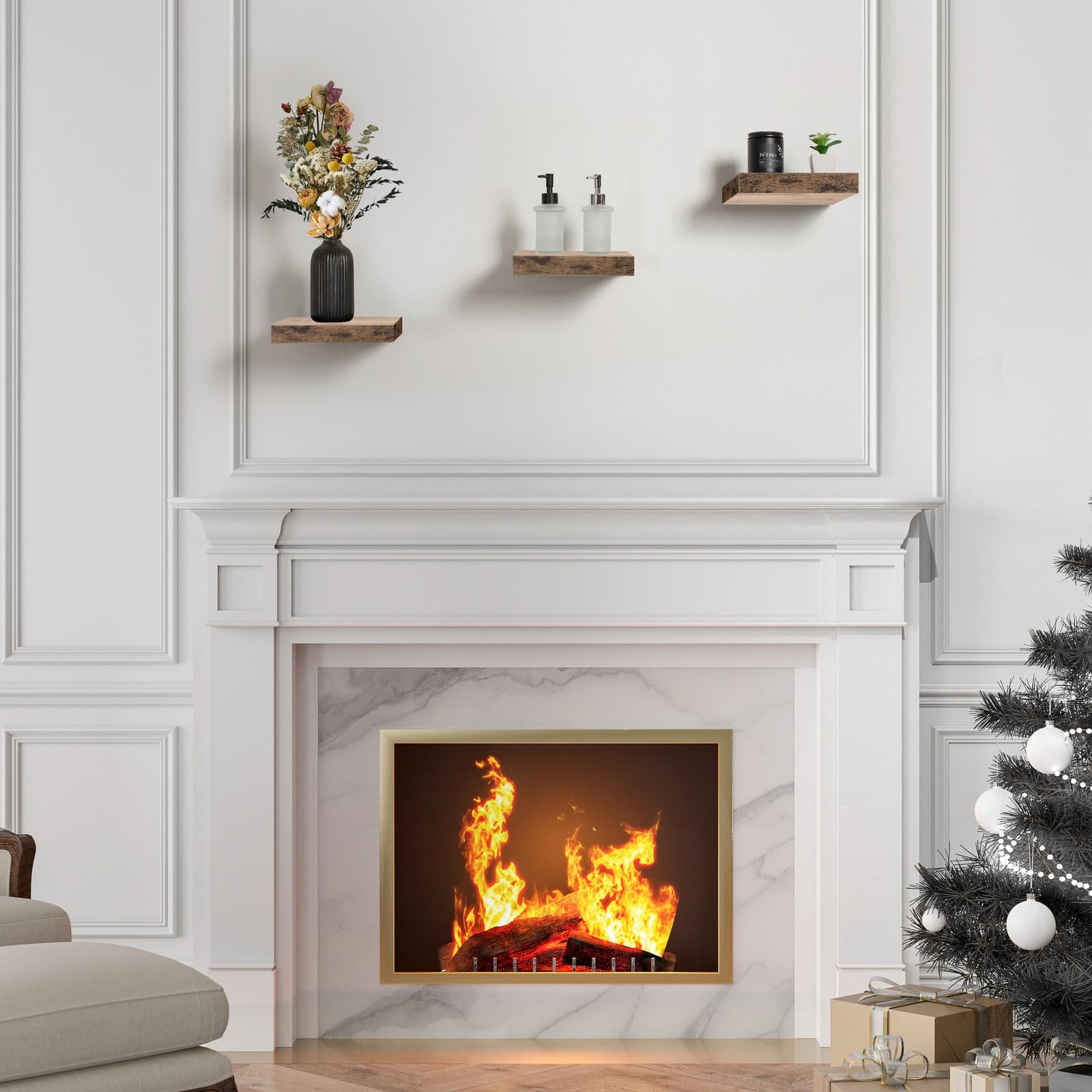 3 Pack Square Mounted Floating Shelves - Rustic Wood Display 5