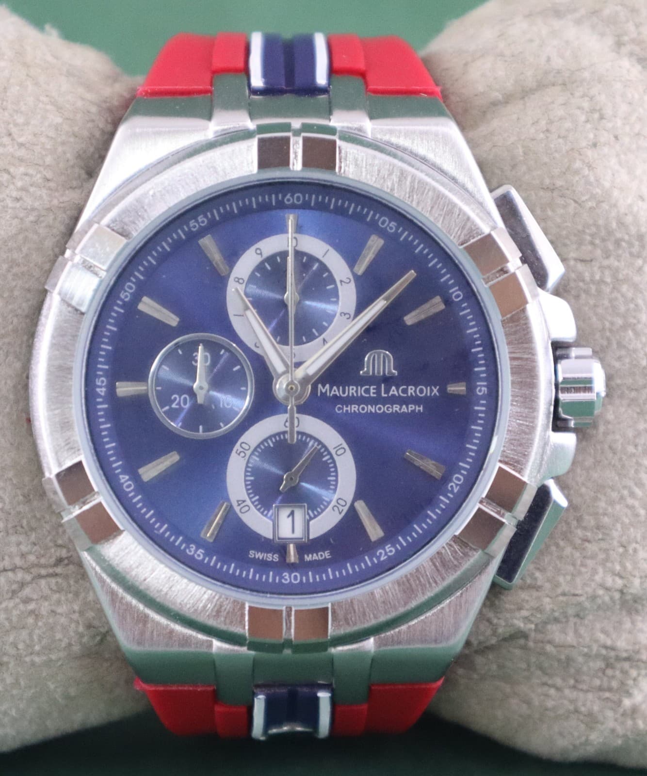 Luxury Maurice Lacroix Men Chronograph Blue Dial Date Wristwatch "Stay Punctual"