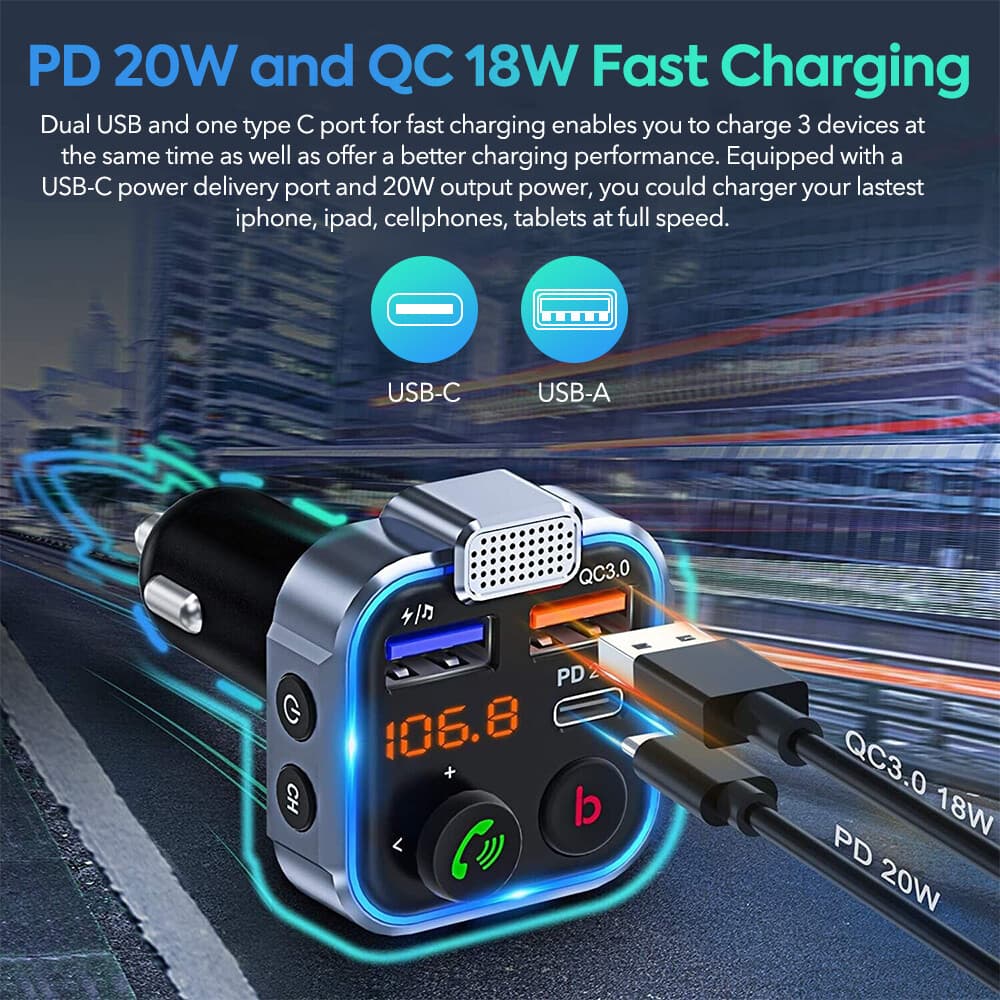 Wireless FM Transmitter Car Adapter Type-C PD 20W+ QC3.0 Fast USB Charger PD20W 6