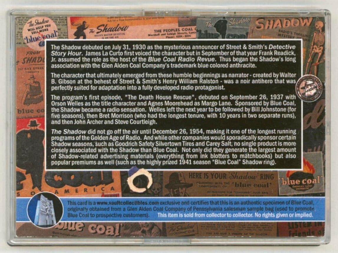 Shadow Knows OTR Old Time Radio Sponsor Authentic Blue Coal Specimen Prop Card 2