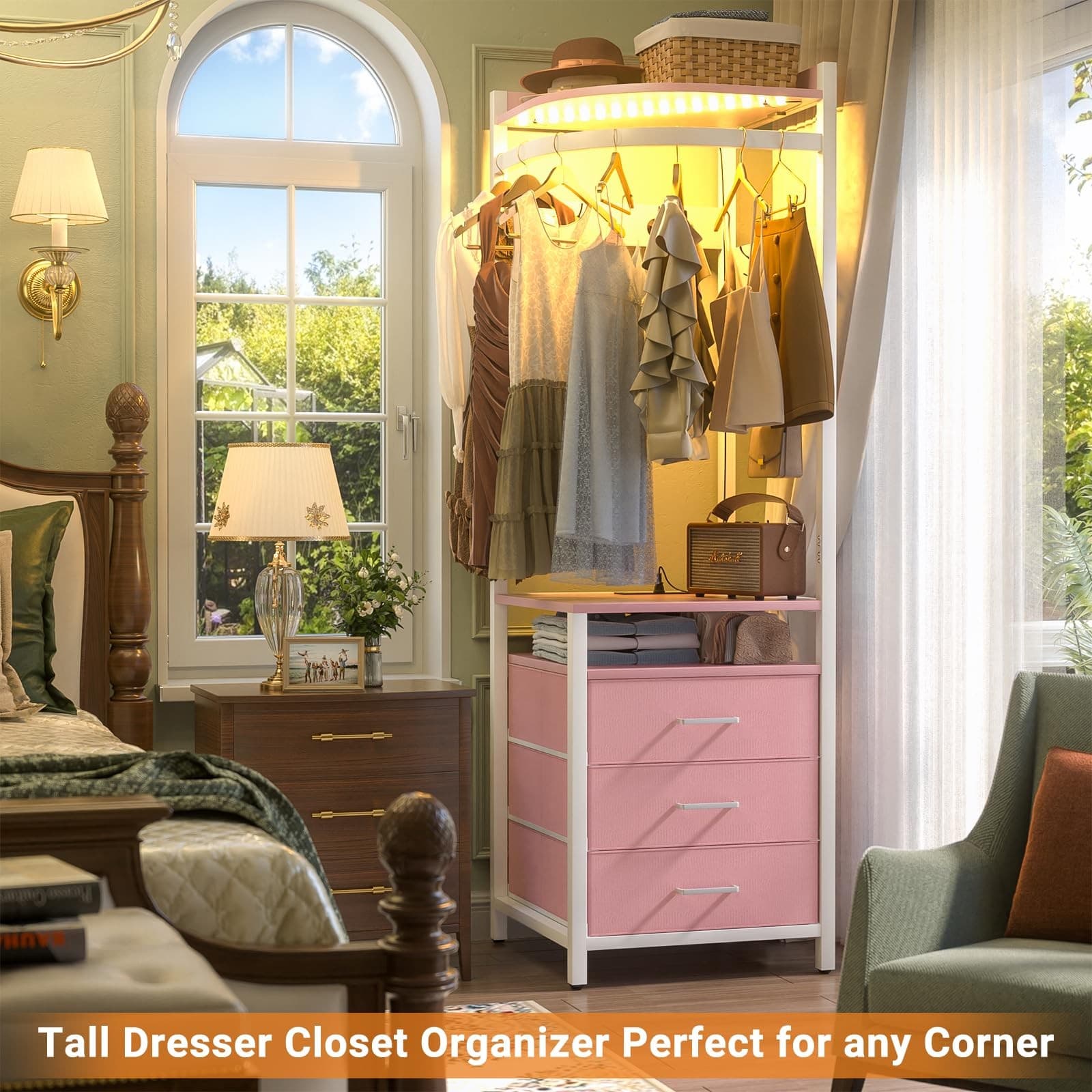 Corner Clothes Rack, 70'' Tall Corner Closet with Power Outlets & LED Lights,... 3