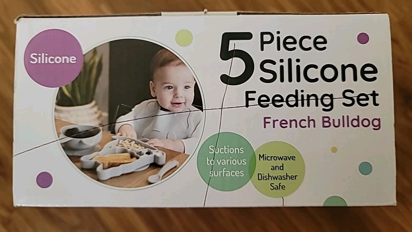 5 Piece Silicon Baby Feeding Set French Bulldog  Bowl Bib Plate 2 Spoons Torn Bx 6