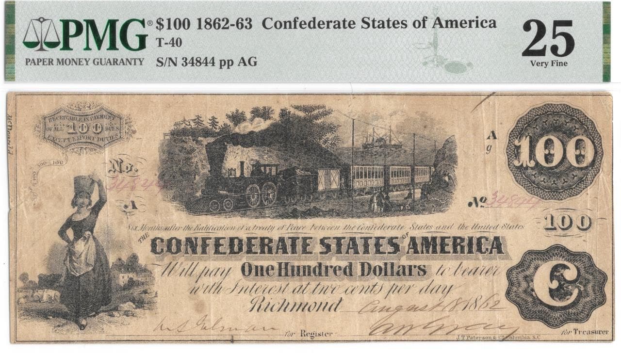 RARE Trans Miss MS Reissued Houston TX T-40 1862 $100 Confederate Train PMG VF25