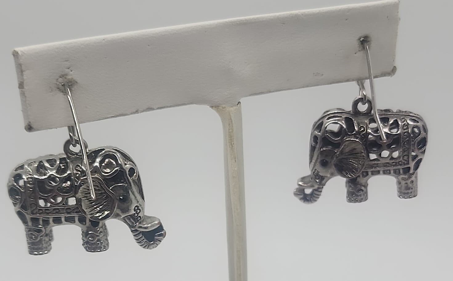 Vintage silver tone filigree figural ELEPHANT pierced dangle earrings 3