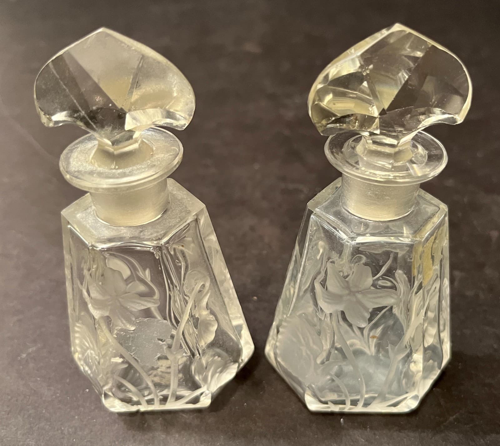 Antique Czechoslovakia Crystal Floral Etched Scent Perfume Cologne Bottle - Pair 5