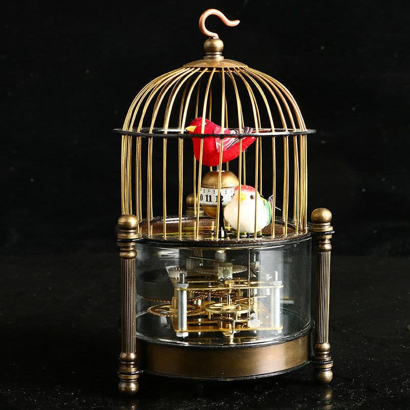 Exquisite Brass Mechanical clock -birdcage shape two bird Aroud Moving 3