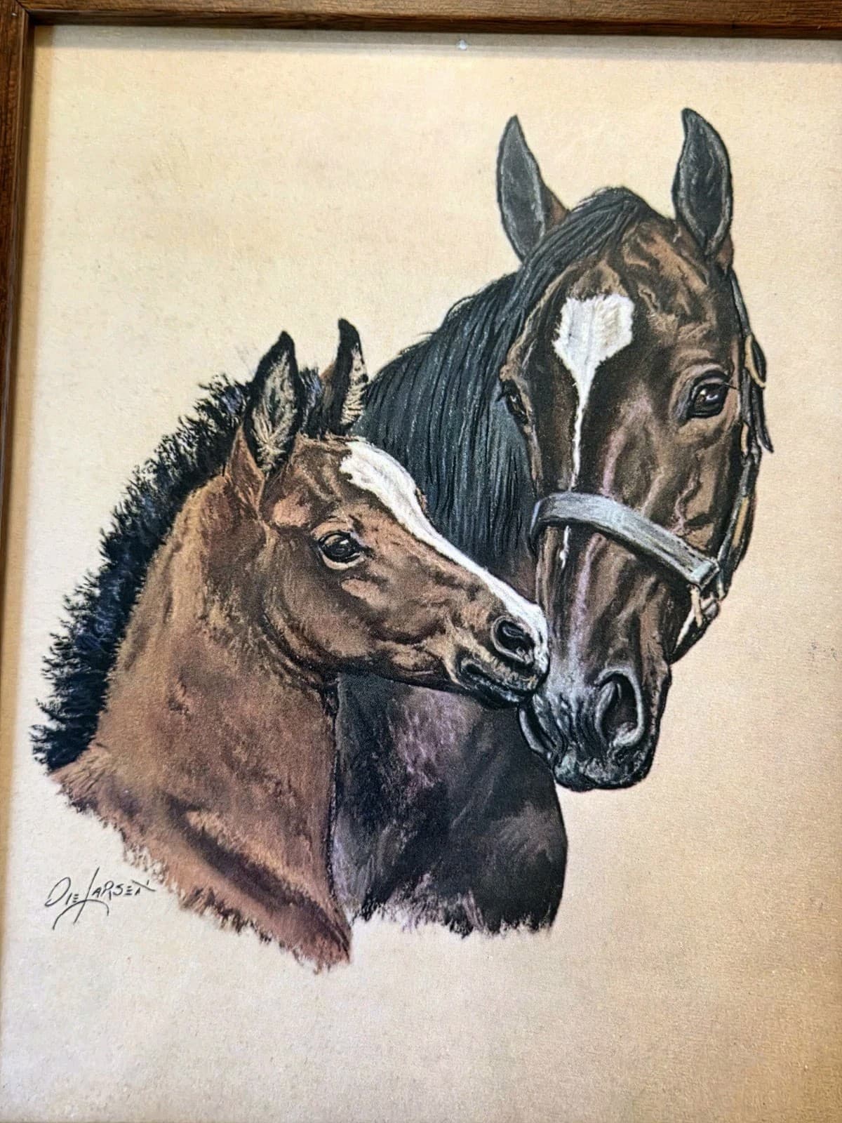 Horses Mare & Foal Ole Larsen Print Wood Frame Equines * Please Read  3