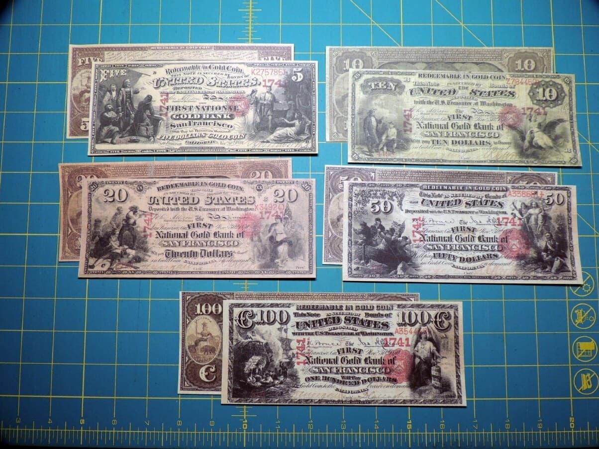 Early San Fran CA Gold Bank Note Set Reproduction US Currency Paper Money Copy