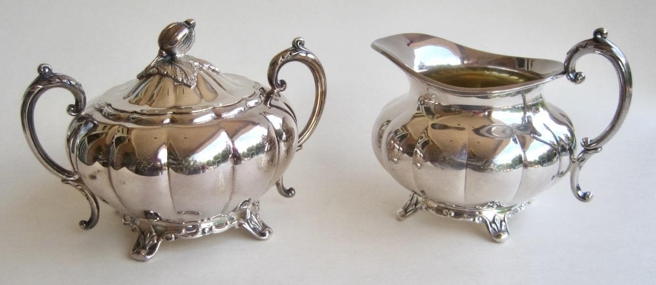Oneida Community Melon Creamer Lidded Sugar Silverplate Sheffield Repro Footed 3