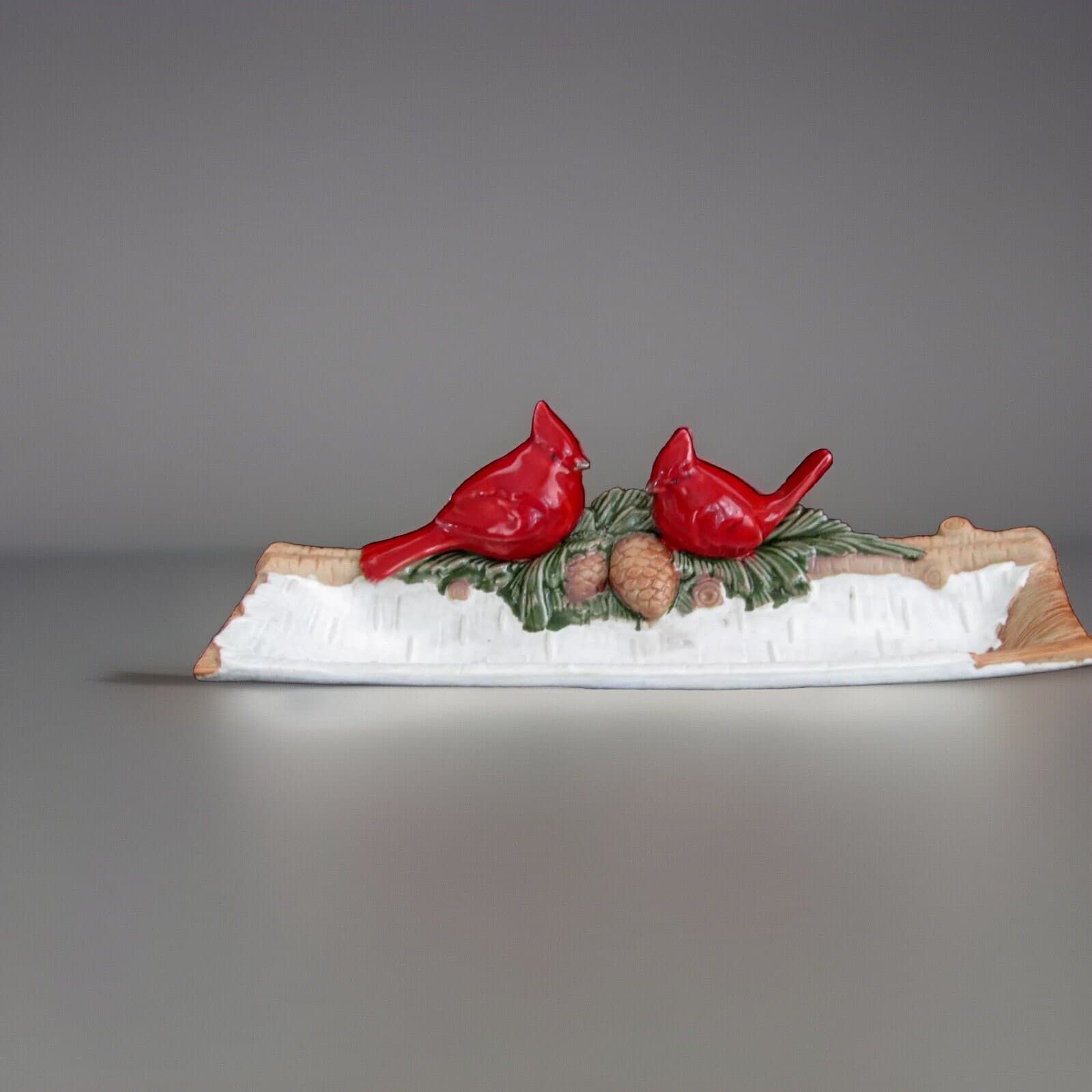 Handmade 3D Cardinals & Pinecones on Snow Covered 13" Signed Rectangular Tray 3