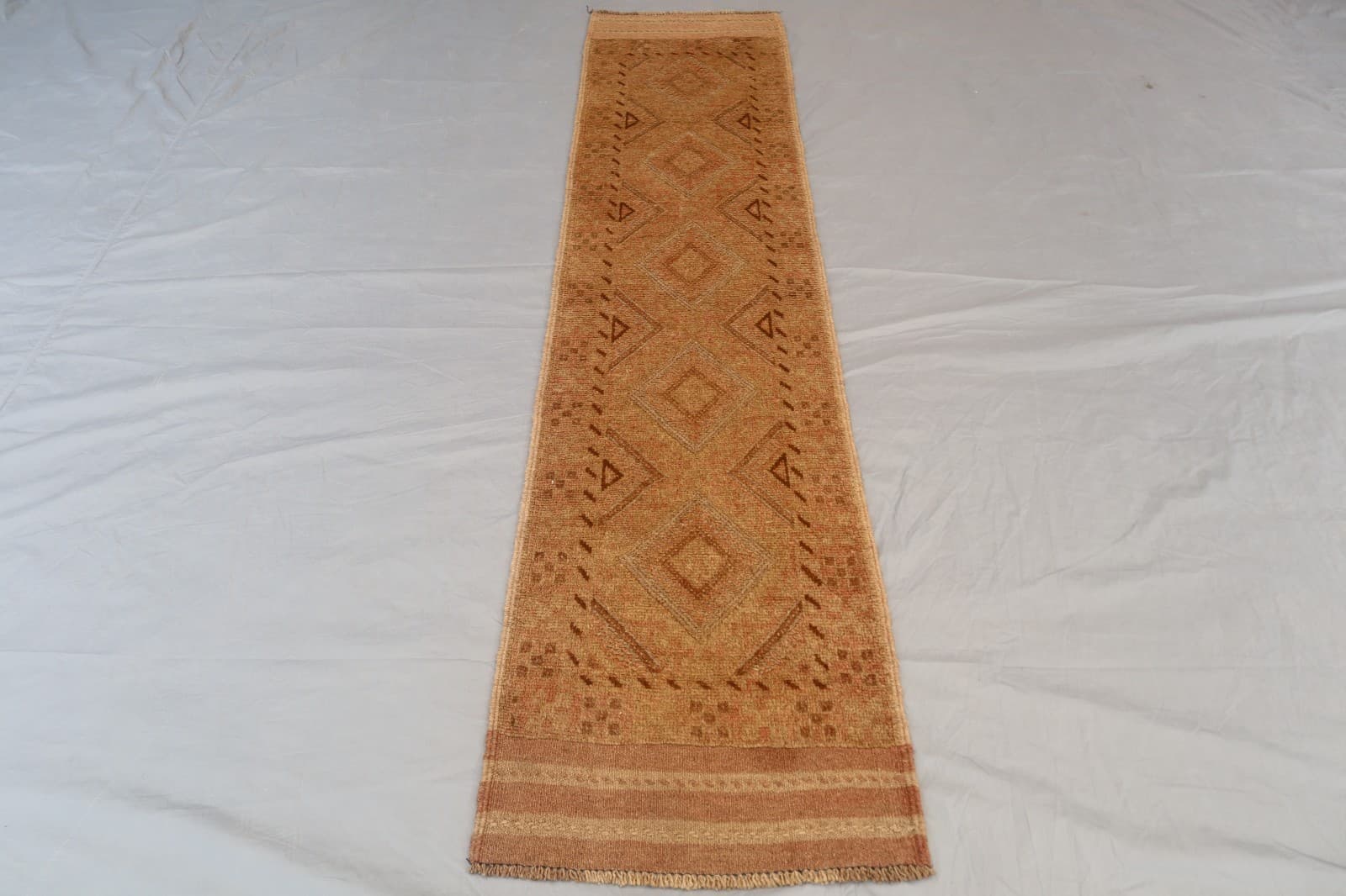 1.9 x 8.2 ft Warm Earth-Tone Afghan Wool Runner –Tribal Geometric Design Diamond 2