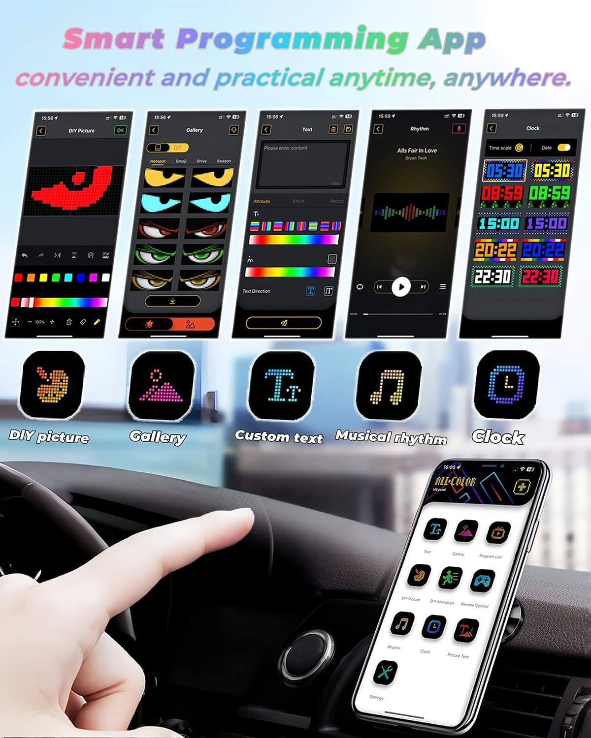 2PCS 3x7 Devil Eyes LED Car Lights Animated Windshield Sign App Control 4