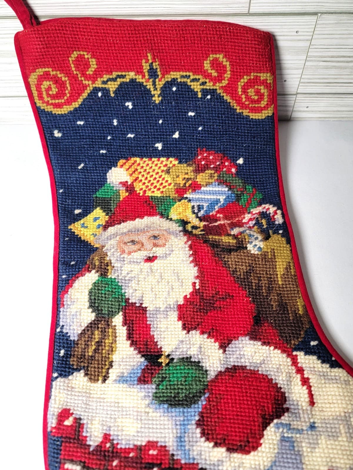 Christmas Stocking Needlepoint Santa Claus Completed 18" Multicolor Unbranded 2