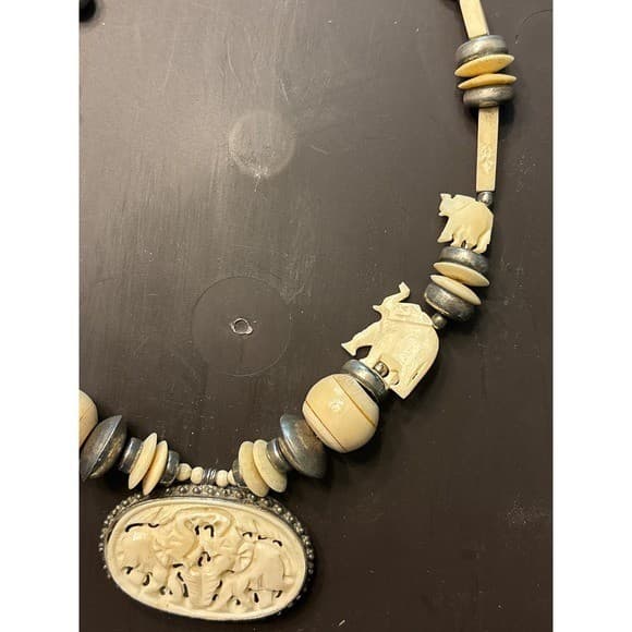 Vintage Elephant Necklace Carved Bovine Bone Beads Boho Tribal Statement Jewelry 6