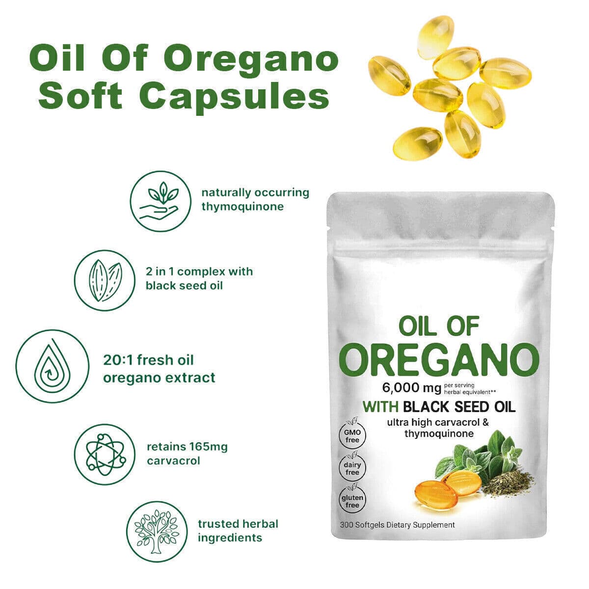 Ingredients Oil of Oregano 300 Softgels Formulated with Black Seed Oil Strength 5