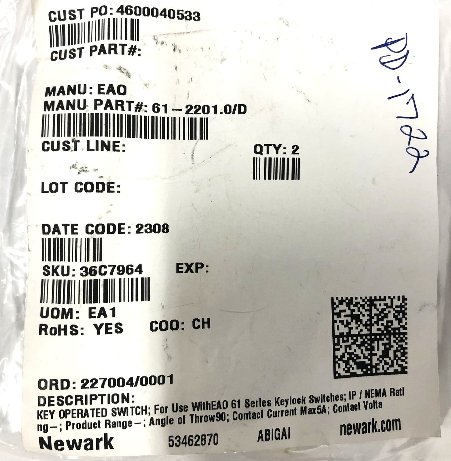 Newark Key Operated Switch Actuator 61-2201.0/D NOS 4