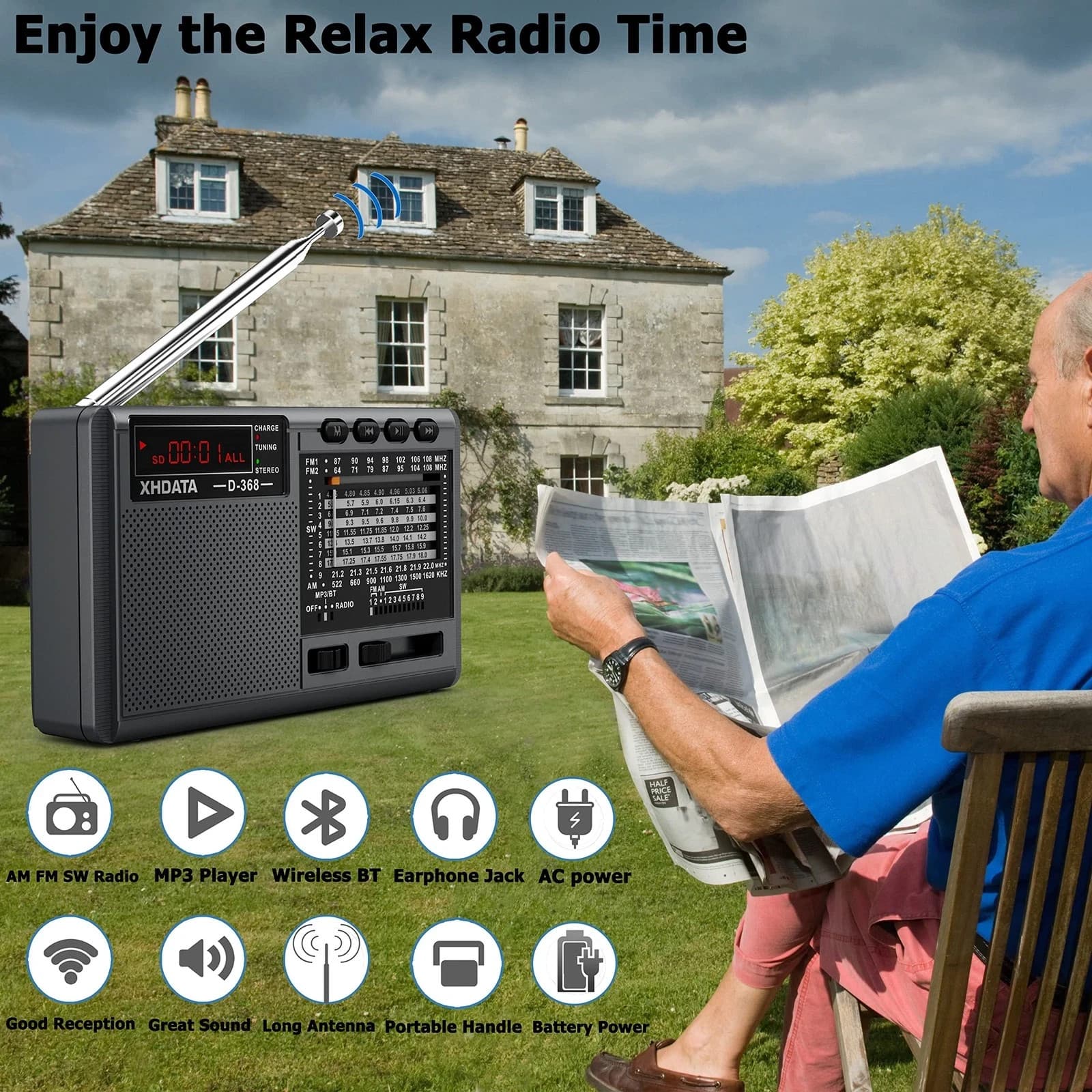 Portable Radio XHDATA D368 Shortwave AM FM SW 12 Band DSP Stereo MP3 Player Wire 5