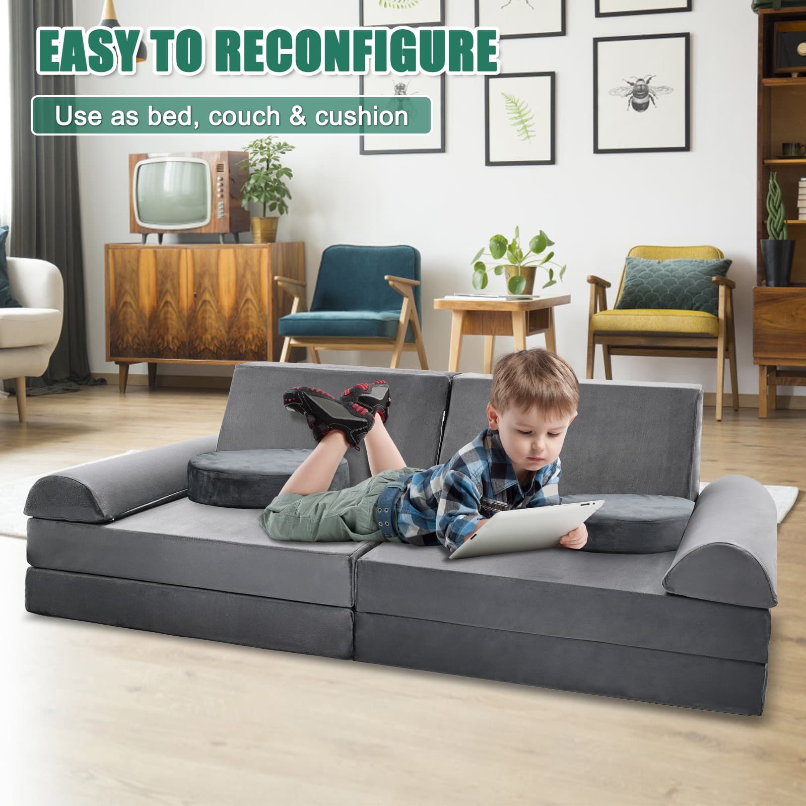 Kids Play Couch 10 pcs Modular Kids Play Couch High-density Foam Fold Out 6