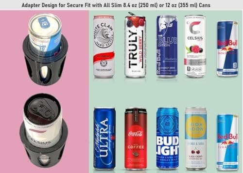 2 in 1 Slim Can Cup Holder Adapter Adjustable Fit 8.4 oz / 12 oz Cans Snug Fit  3
