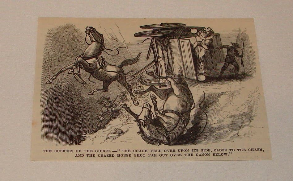 1880 magazine engraving ~ SCARED HORSE FALLING OVER CLIFF