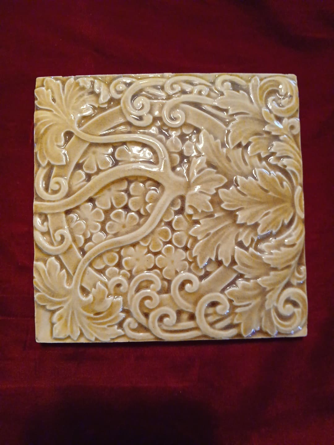 Antique Victorian Majolica Trent Tile Co NJ Art Studio 6" Inch Amber Leaf Flower 5