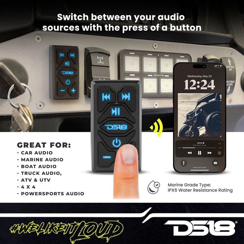 DS18 Waterproof Marine Bluetooth Rocker Switch Streamer Receiver Controls RKS-BT 4