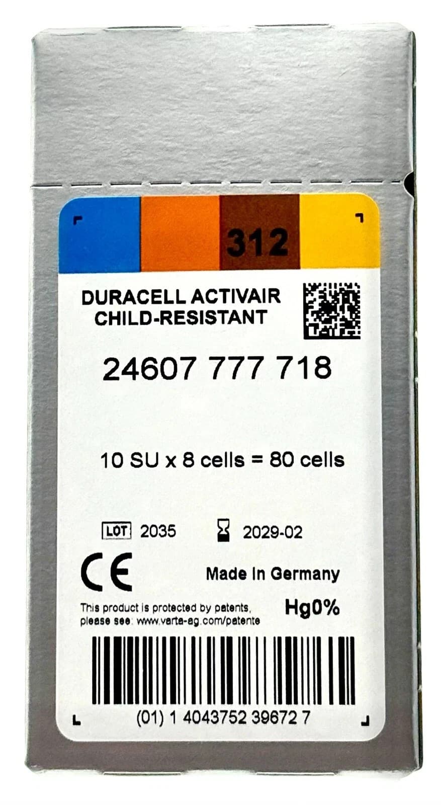 Duracell Activair Hearing Aid Batteries: Size 312 (80 Batteries) Exp 2029 2