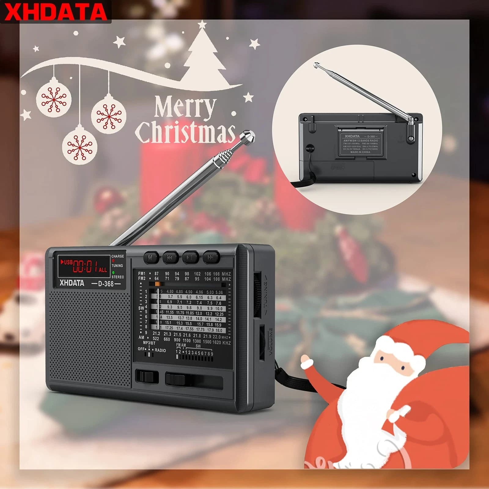 Portable Radio XHDATA D368 Shortwave AM FM SW 12 Band DSP Stereo MP3 Player Wire 2