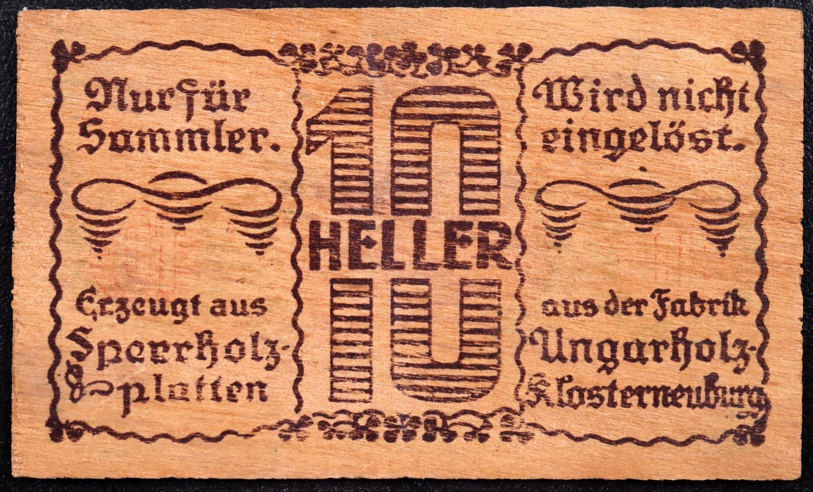 HADERSFELD 1920 WOODEN NOTGELD 10 Heller Original Issue Vienna Woods Austria 2