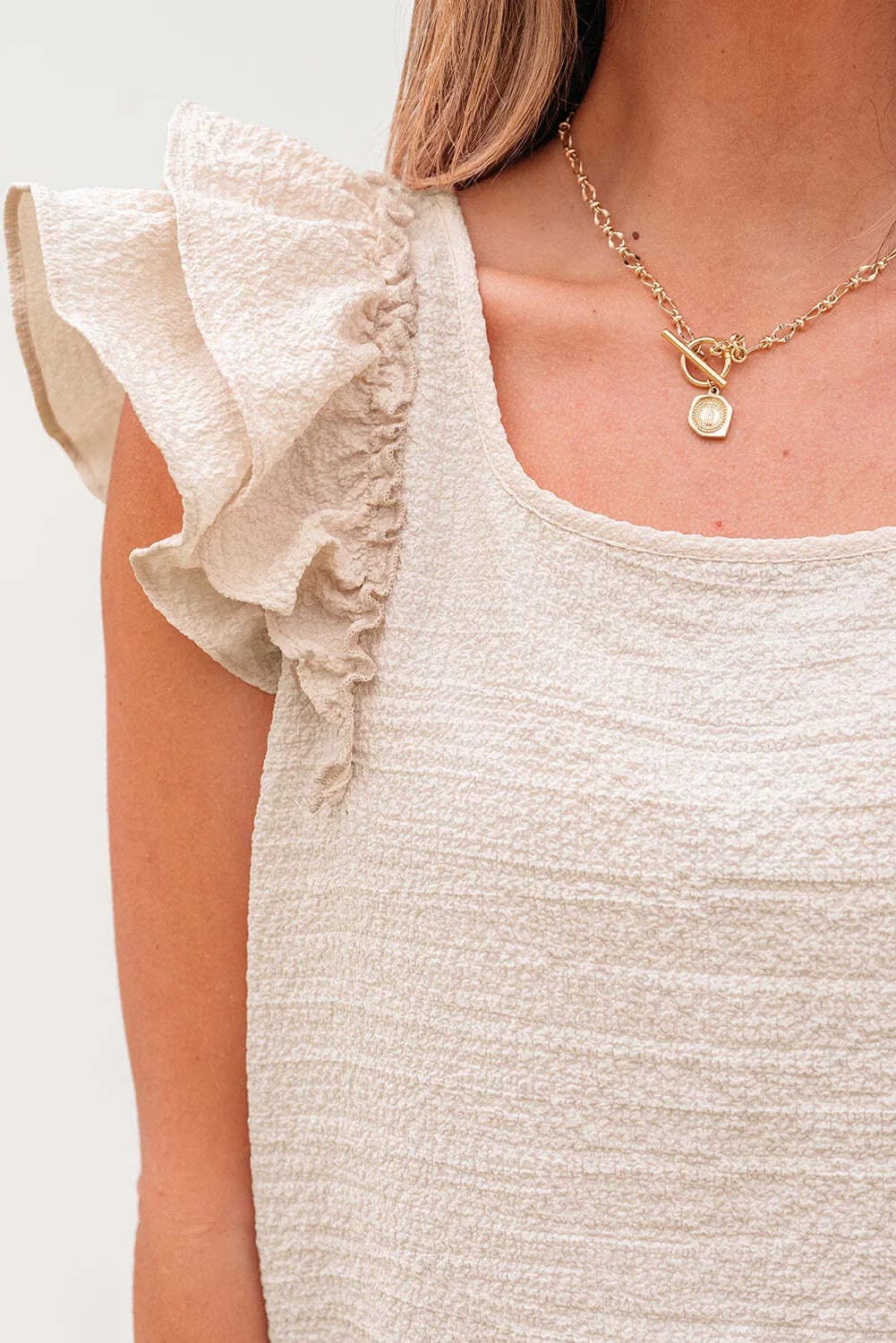 Beige Textured Bow Knot Frilled Butterfly Sleeve Blouse 6