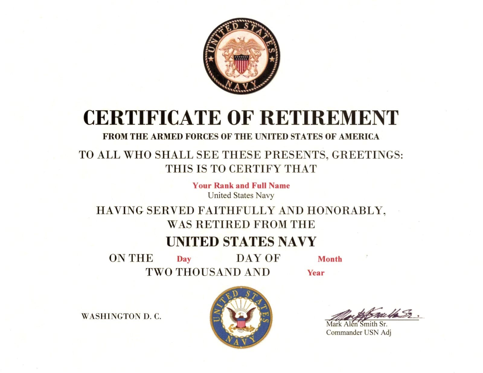 United States Navy Retirement replacement certificate