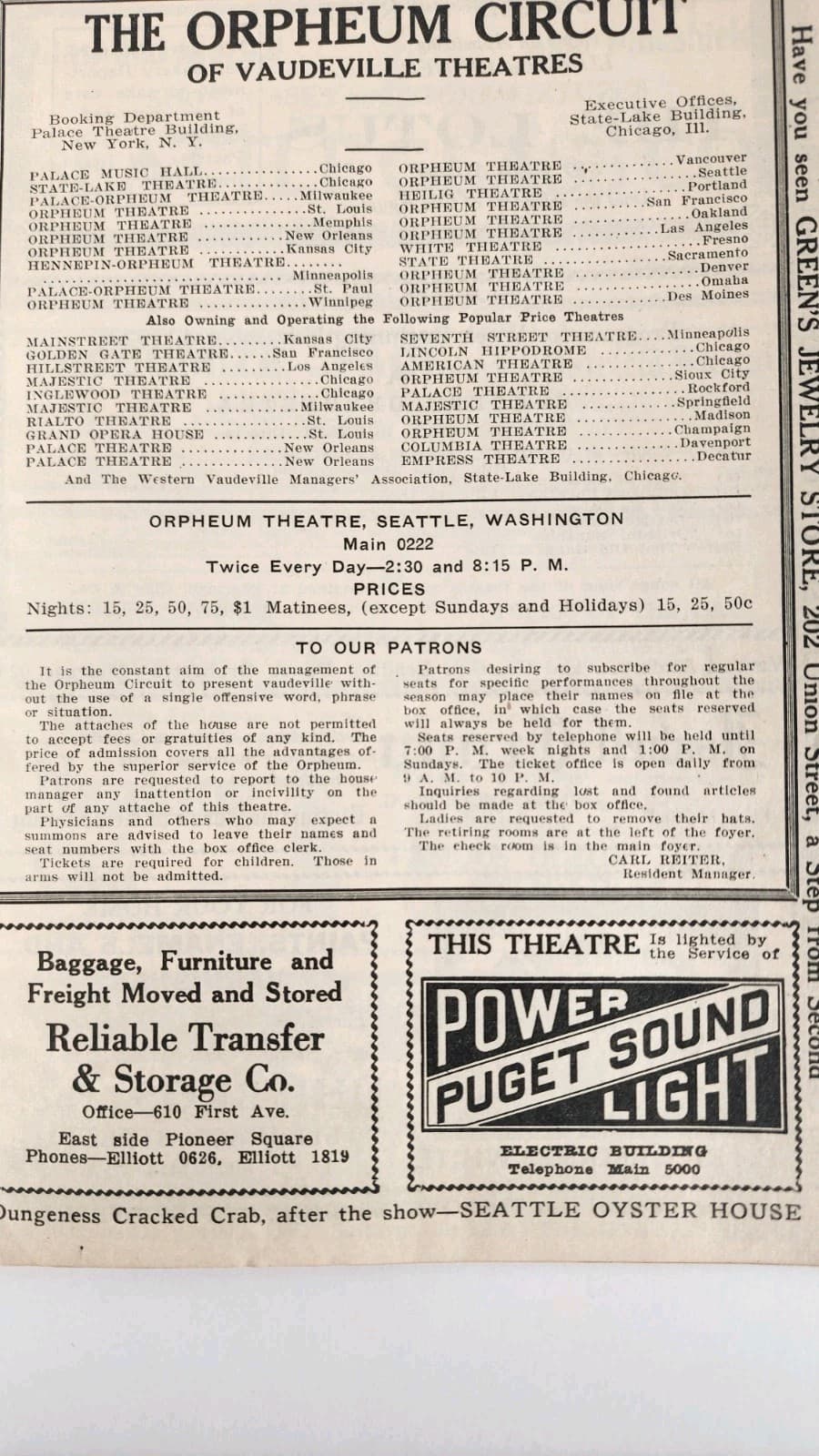 CIRCA 1920's "ORPHEUM CIRCUIT NEWS & PROGRAM" , ORPHEUM THEATRE SEATTLE, WA  4