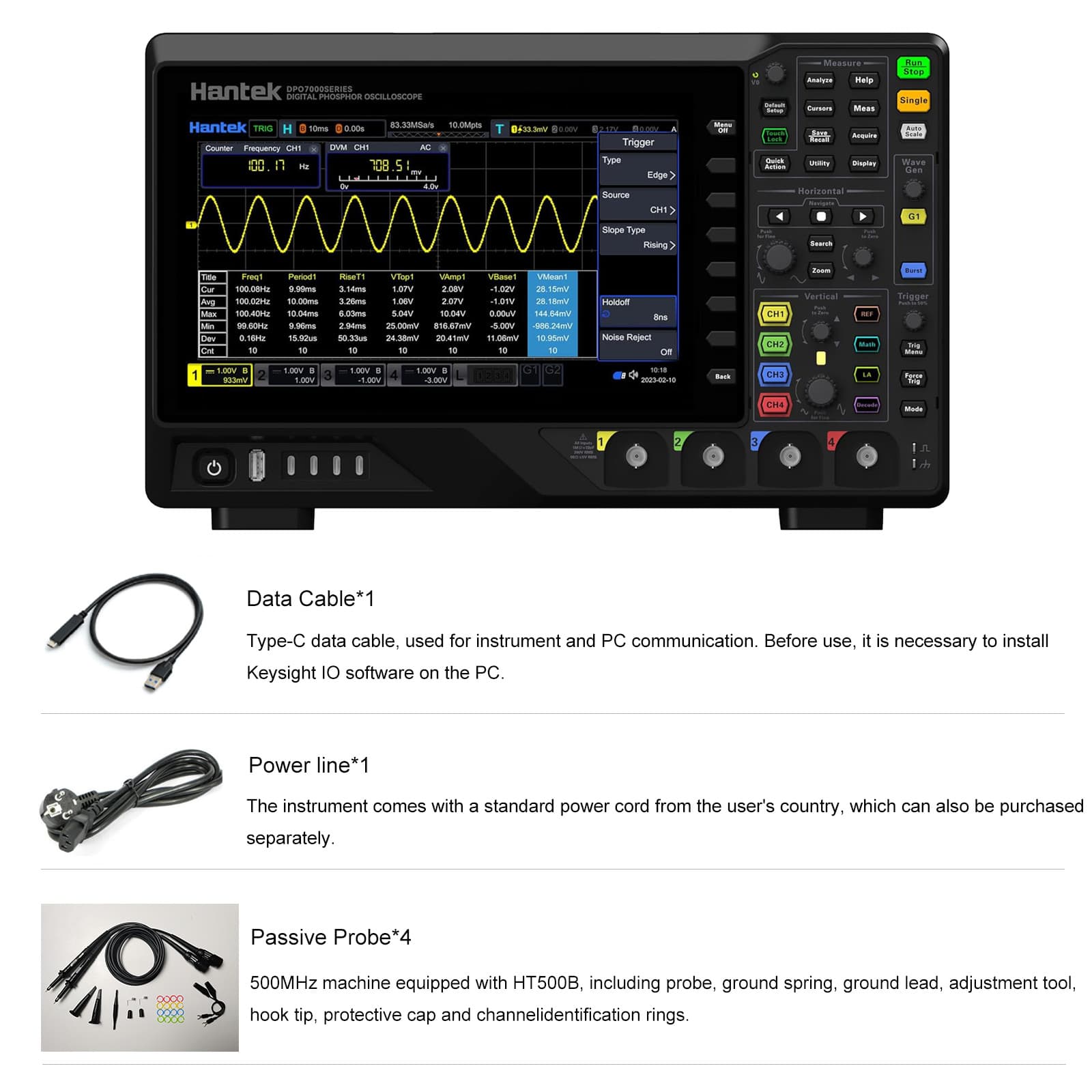 Hantek DPO7504U Oscilloscope 500MHz 4CH+1CH Waveform Generator 2GSa/s 2G Memory 6