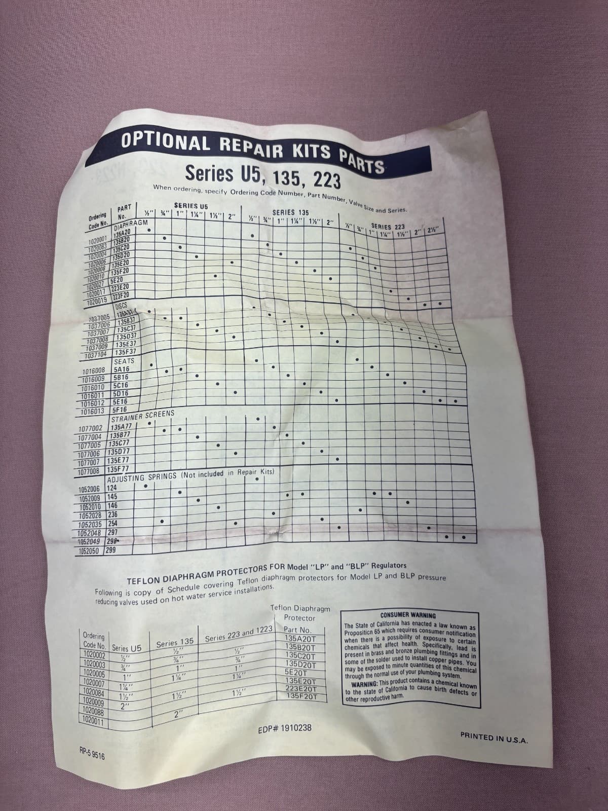 Watts Regulator 0861465 Service Kit For Pressure Reducing Valves KIT B-RK 3