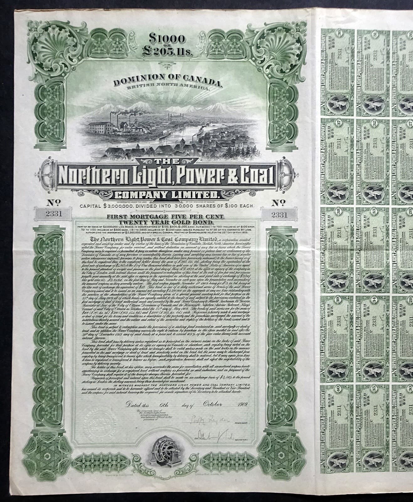 1909 Canada: The Northern Light, Power & Coal Co $1000, Dawson City Yukon Alaska