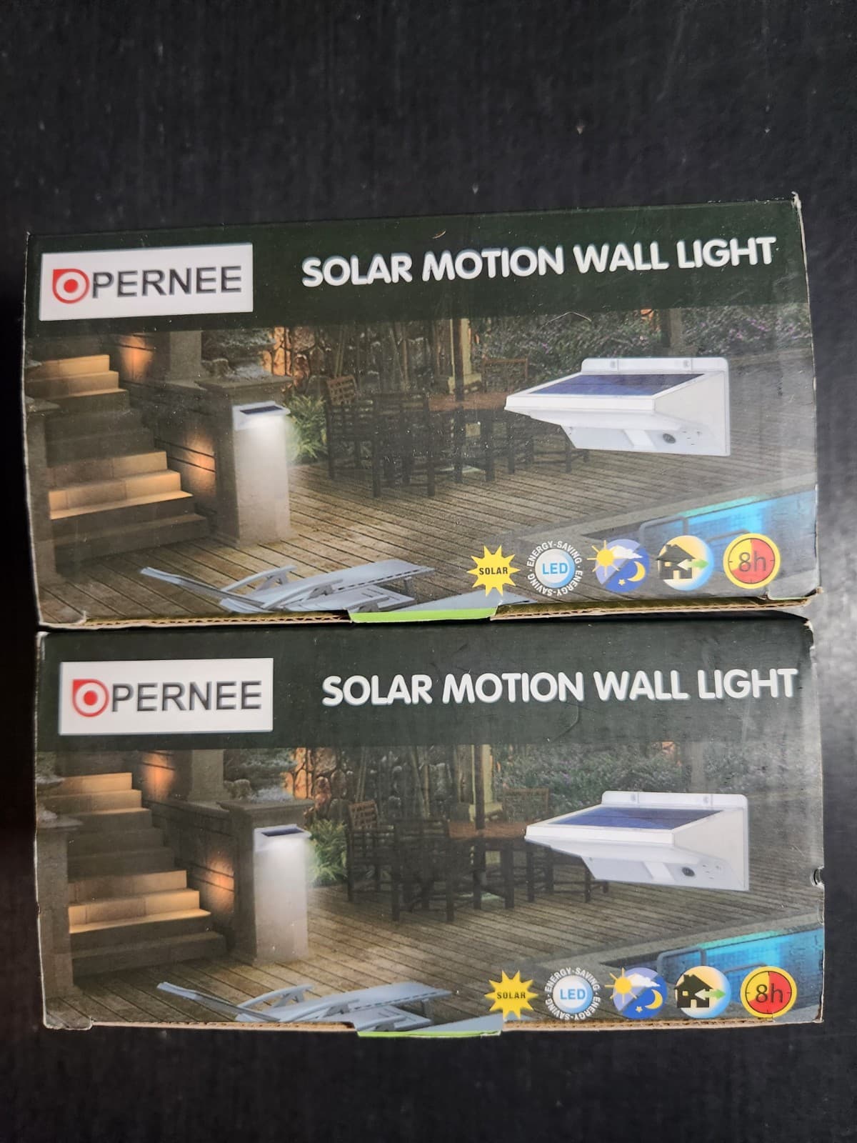 SOLAR MOTION WALL LIGHTS SET OF 2 OUTDOOR 21 LED WATERPROOF PERNEE NEW IN BOX 5