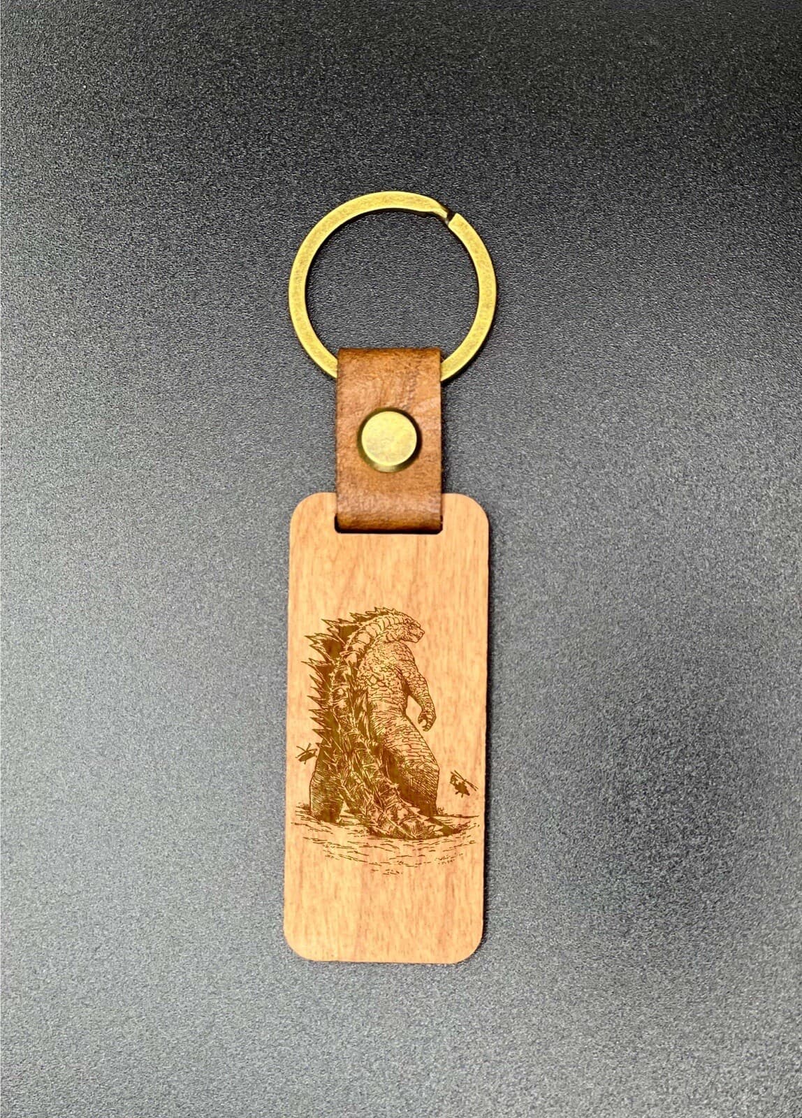 godzilla laser engraved cherry wood keychain pop Christmas gift