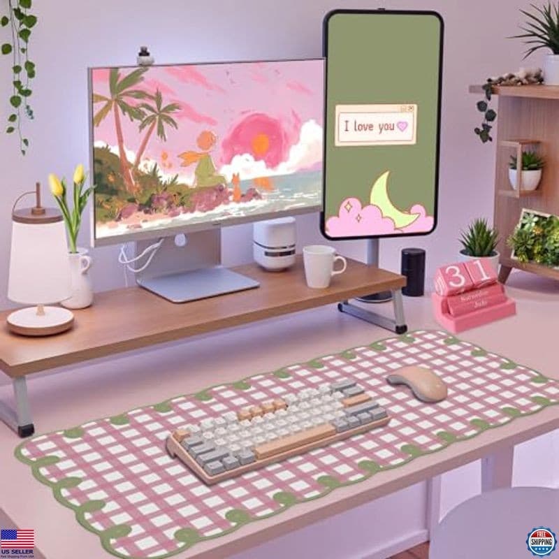 Pink & Green Scalloped Desk Mat - Large Checkered Mouse Pad, Kawaii Vintage 2