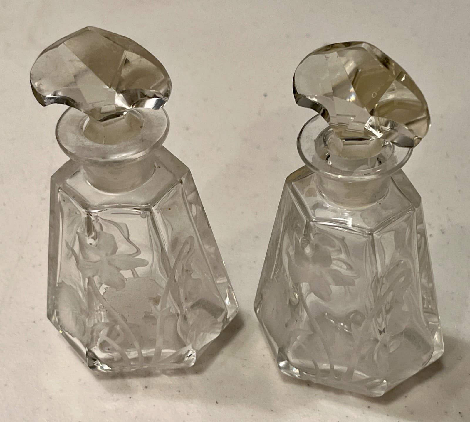 Antique Czechoslovakia Crystal Floral Etched Scent Perfume Cologne Bottle - Pair 2