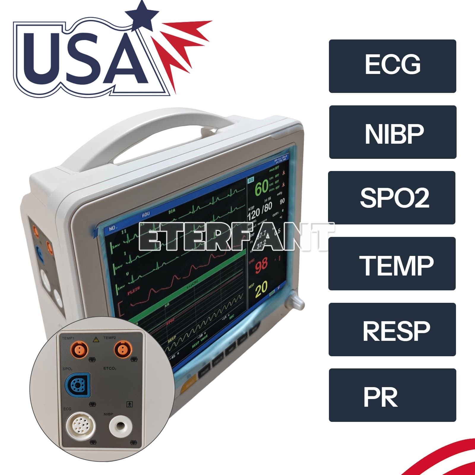 12" Patient Monitor ICU CCU Vital Sign For Hospital ECG NIBP RESP TEMP SPO2 PR 6