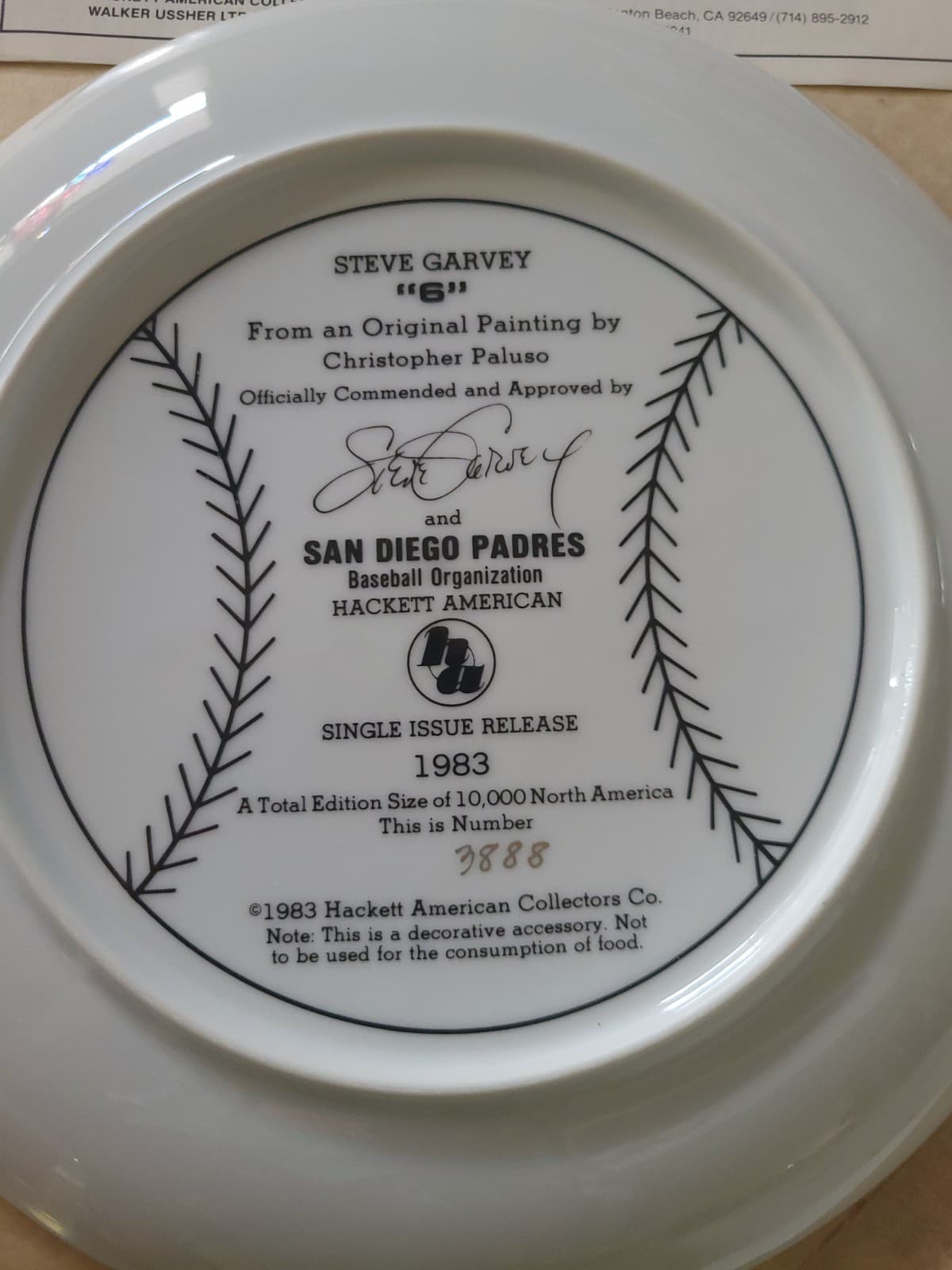 Steve Garvey 1983 Plate 3888/10,000 Signed Hackett American Original Box-Papers 4