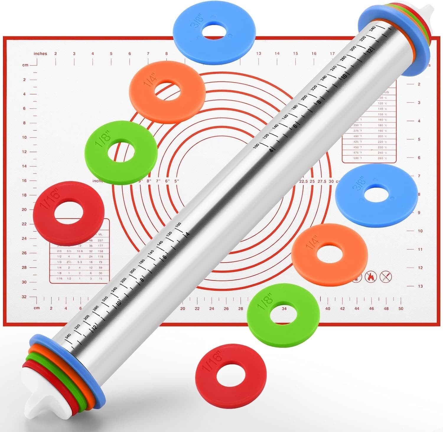 Elegant 17-Inch Stainless Steel Rolling Pin with Non-Slip Silicone Baking Mat 3