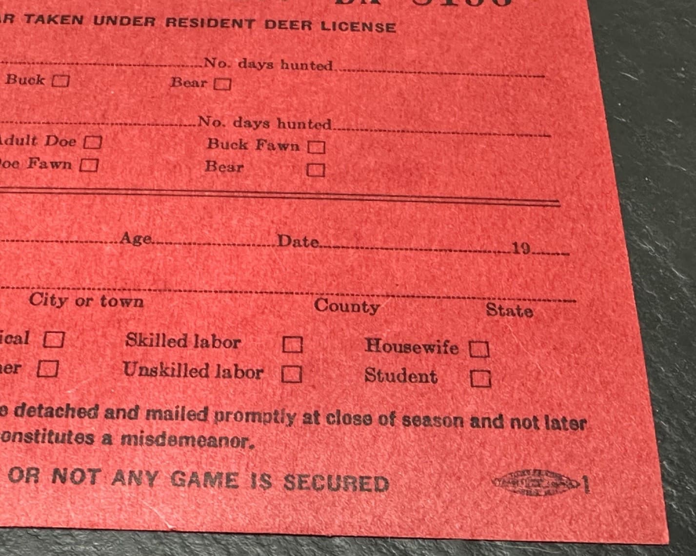 1949 MICHIGAN DEPARTMENT OF CONSERVATION DEER & BEAR TAKEN FORM FP369 6