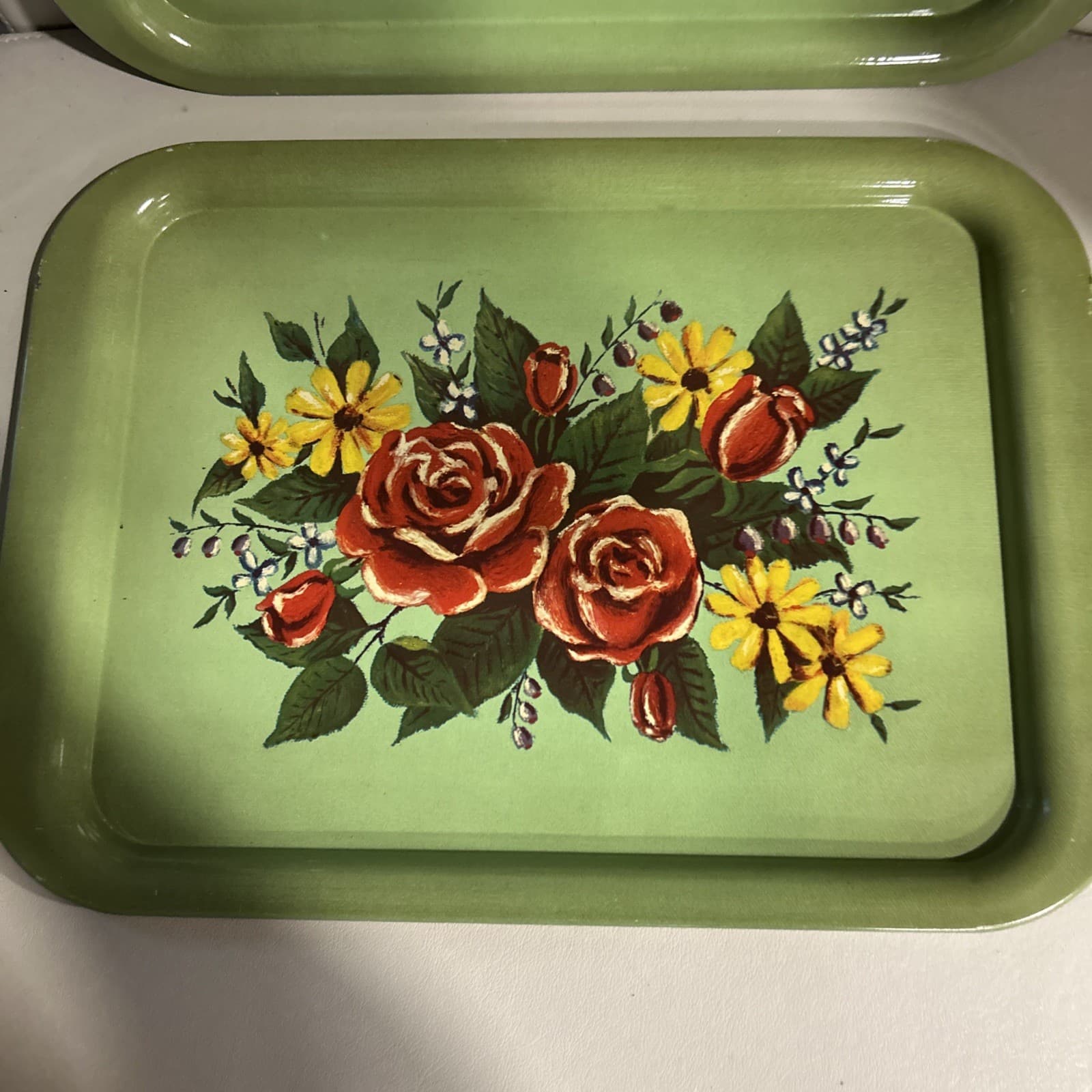2 Vintage MCM Metal Lap Bed TV Tray Floral 14.5” X 11” green, red yellow roses 3