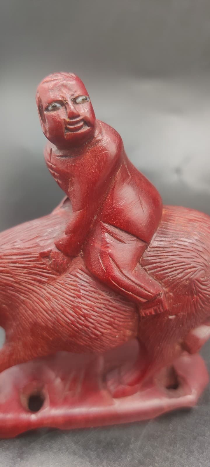 Vintage Creepy Eyes Hand Carved Wood Man Riding Water Buffalo Figurine  2