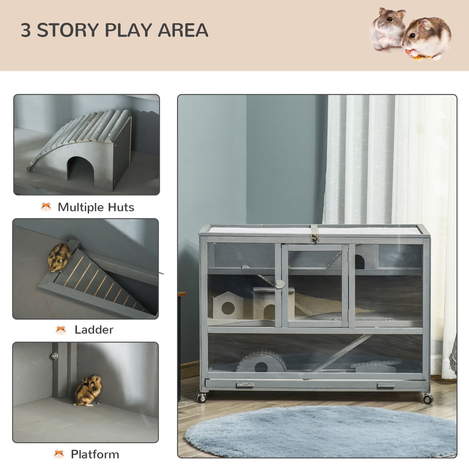 Large Wooden Hamster Cage with Wheels and Seesaw, Small Animal Cage and Habitat 6