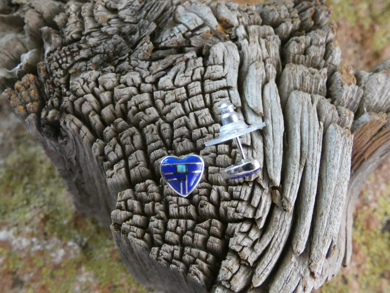 Cute Heart Lapis & Opal Sterling Silver Southwestern Gemstone Post Earrings B67 3