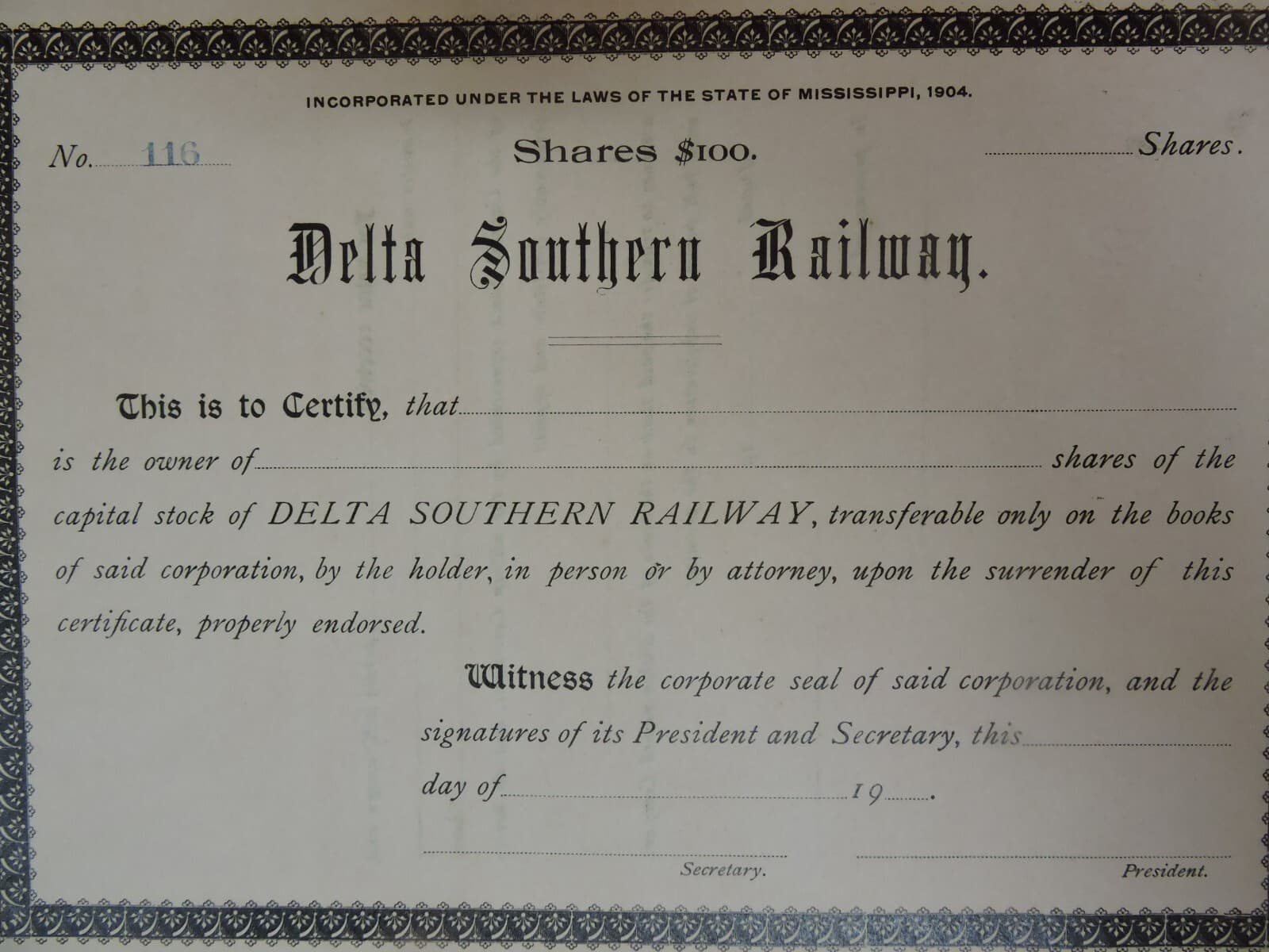 1900s DELTA SOUTHERN RAILWAY UNISSUED STOCK CERTIFICATE-STATE OF MISSISSIPPI 2