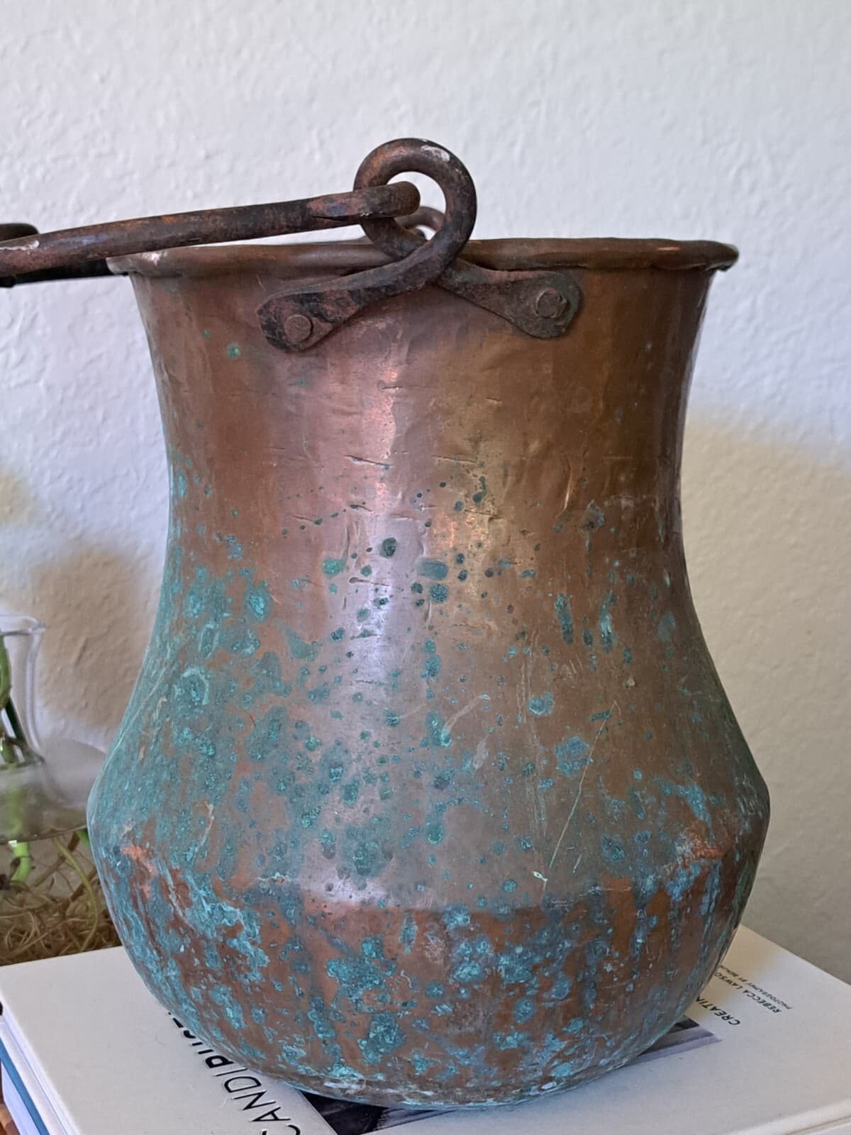 Antique Primitive Hammered Copper Hanging Pot Large Patina RARE 10" 3